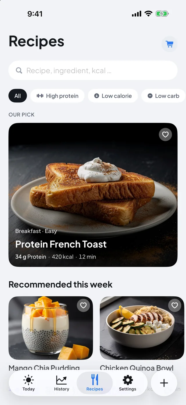 Nomi's Recipes tab with filters and photos